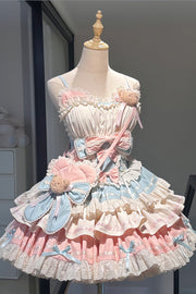Blue/Pink First Love Bear Multi-Layered Ruffle Bowknot Lace Sweet (Set) front view