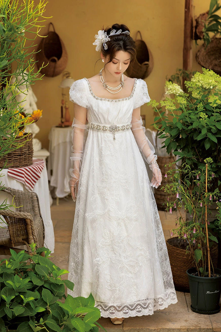 White Square Collar Short Sleeves Jacquard Wedding Style Lace Pearl Detail Vintage Elegant Luxurious Lolita Dress - Product - 2