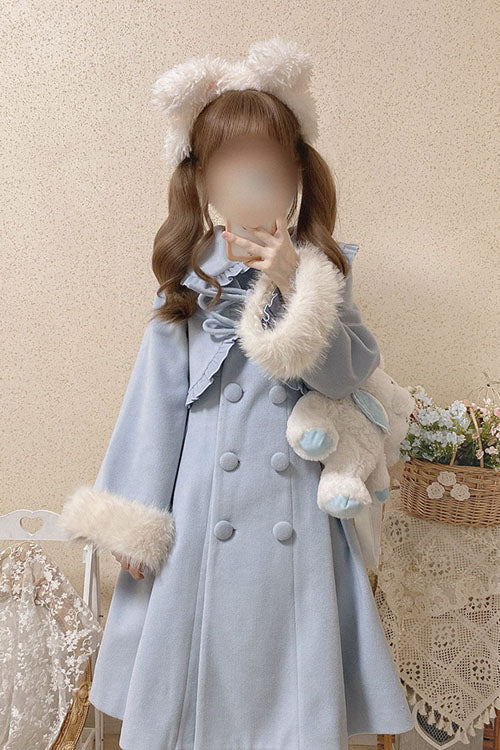 Blue Double Breasted Bowknot Plush Long Sleeves Fake Two-Piece Woolen Lolita Coat - Product - 5