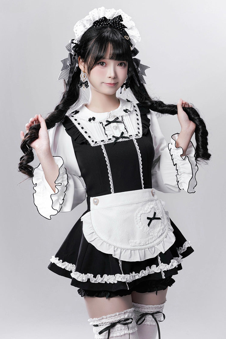 Black/White [Showcase Doll] Japanese Maid-Style Long Sleeves Ruffle Bowknot Jirai Kei Japanese Dress Shorts Set with Detachable Apron - Product - 3