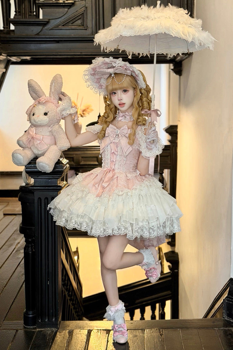 Pink [Pearl Ballet] Square Collar Sleeveless Multi-Layered Ruffled Bow Lace-Up Pearl-Decorated Sweet Ballet Lolita Jsk Dress - Product - 4