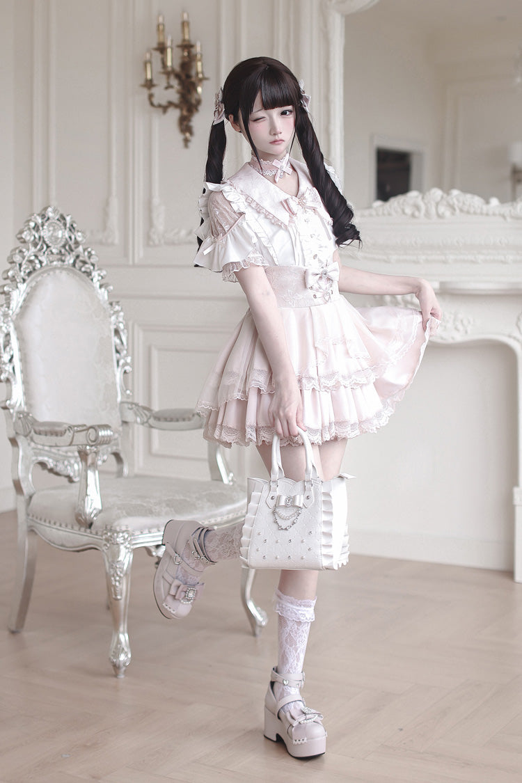 White/Pink [Dreamy Love Ballad] Lapel Collar Short Sleeves Double-Layered Ruffled Cut-Out Bow Gothic Japanese Jirai Kei Skirt Set - Product - 7