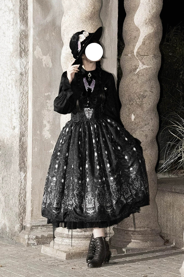 Black [Moonlit Return] Printed Boned Gothic Elegant Lolita Skirt - Product - 6