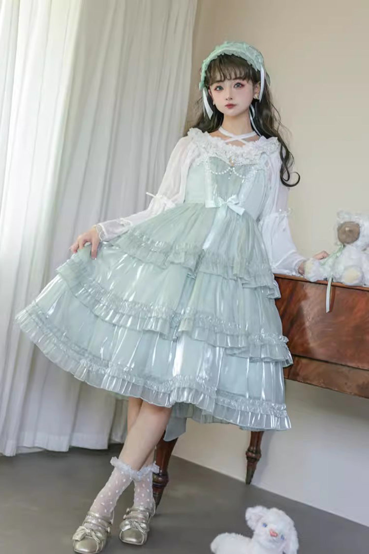 Green Starry Gauze Love Song Three-Tiered Ruffle Bowknot Sweet Lolita Tiered JSK Dress - Product - 2