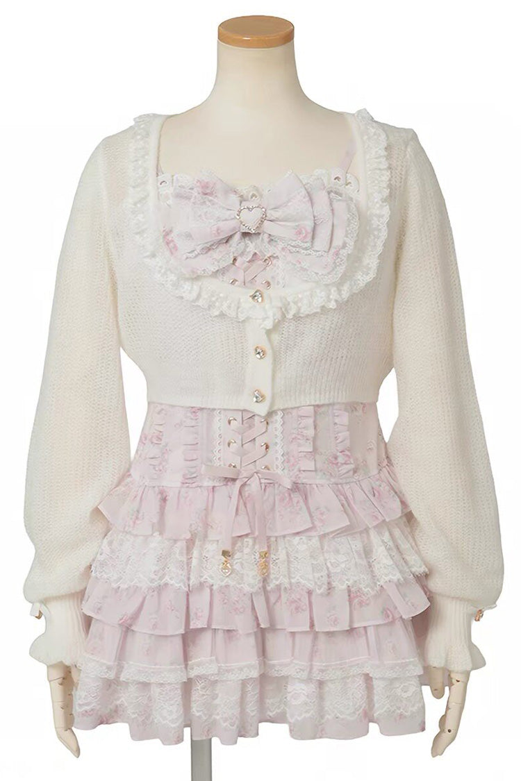 Jirai Kei Long Sleeves Multi-Layered Printed Ruffled Bow Sweet Dress 3 Colors - Pink - 10