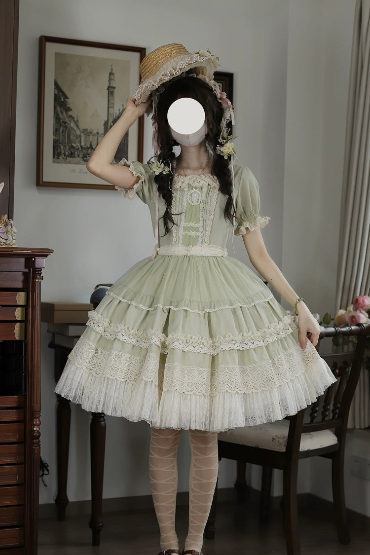 Muscat Green [Vintage Ball 3.0] Square Collar Short Sleeves Lace Pearl Detail Sweet Lolita Dress - Muscat-Green - 1