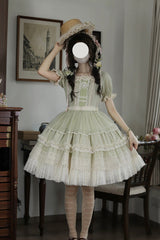 Muscat Green [Vintage Ball 3.0] Square Collar Short Sleeves Lace Pearl Detail Sweet Lolita Dress - Muscat-Green - 1