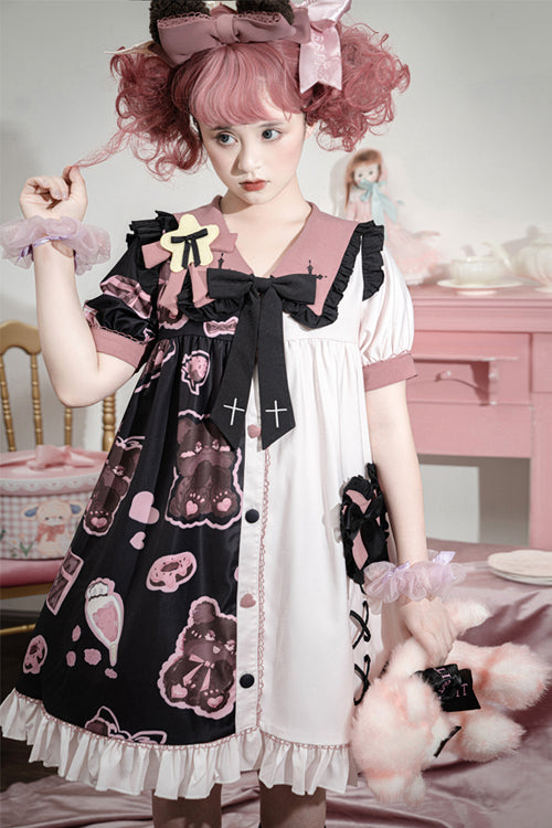 Multi-Color Lapel Collar Short Sleeve Single Breasted Bear Print Sweet Lolita Dress - Product - 3