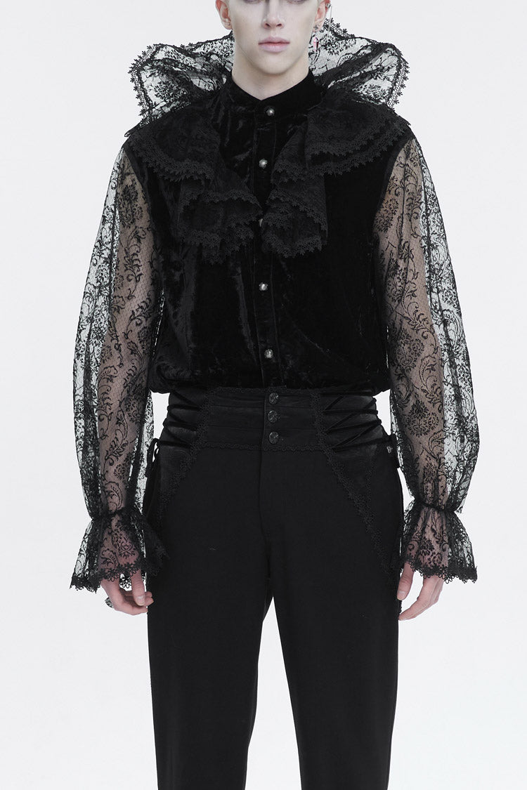 Black Lotus Leaf Stand Collar Semitransparent Lace Long Sleeved Men's Gothic Shirt - Black - 1