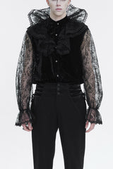 Black Lotus Leaf Stand Collar Semitransparent Lace Long Sleeved Men's Gothic Shirt - Black - 1