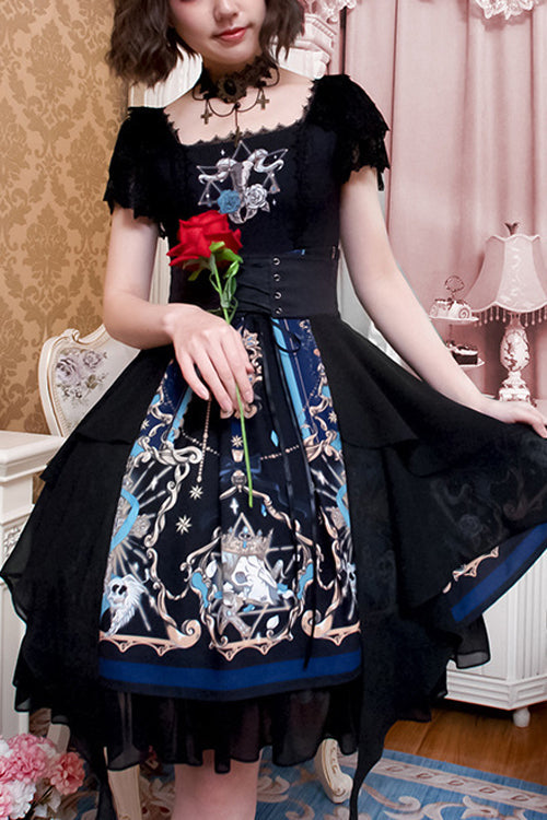 Black Lace Short Sleeve God Redemption Print Gothic Lolita Dress - Black - 1