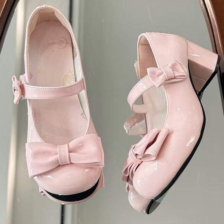Round-Toe Bowknot Sweet Lolita Velcro Buckle Mary Jane Shoes 2 Heel Heights - Product - 3