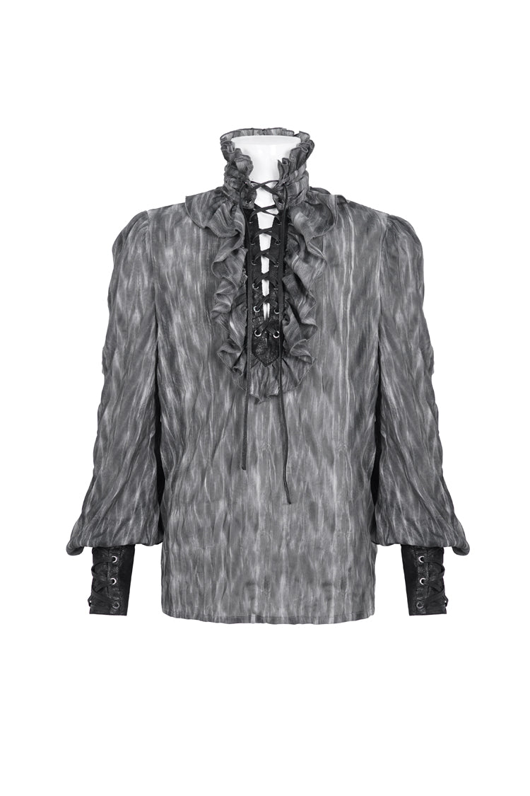 Black/Grey Ruffle Stand Collar Print Lace-Up Men's Gothic Blouse - Product - 5