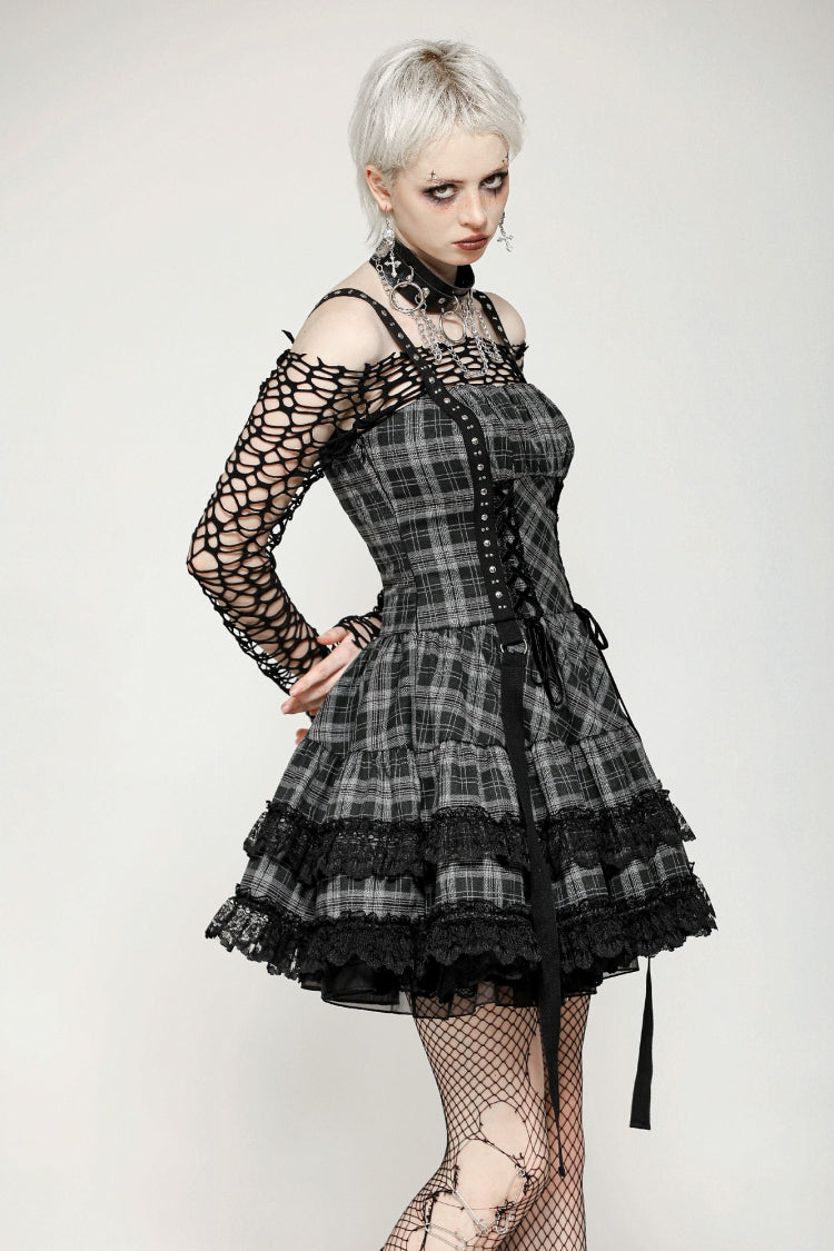 Grey Sleeveless Layered Lace Hem Plaid Women's Punk Party Slip Dress Graduation Dress - Product - 2