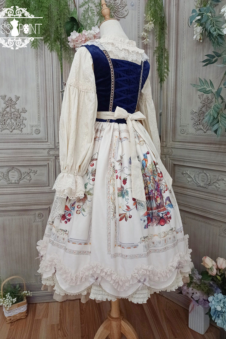 Ivory [Ode to Plenty] Berries and Birds Print Ruffle Bowknot Velvet Classic Lolita Breast Support Jsk Dress - Product - 14