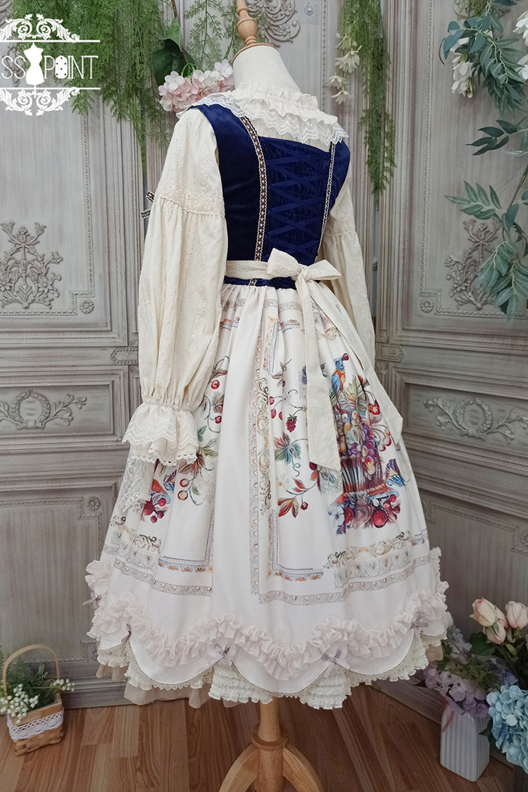 Ivory [Ode to Plenty] Berries and Birds Print Ruffle Bowknot Velvet Classic Lolita Breast Support Jsk Dress - Product - 14