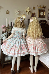 [Berry Dessert Bear] Printed Square Collar Sleeveless Ruffled Bow Casual Sweet Lolita Jsk Dress 2 Colors (Blue, Pink ) - Product - 4