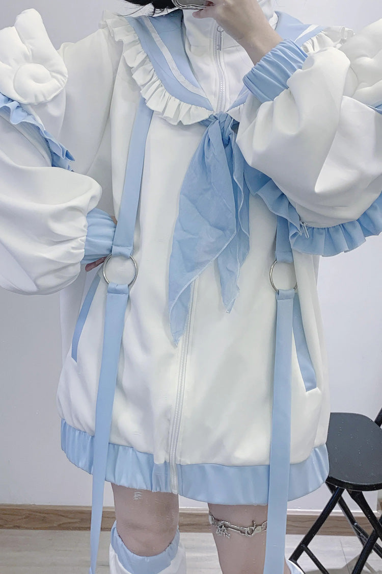 White/Blue Letter from an Angel Long Sleeves Print Jirai Kei Handsome Coat - Product - 7