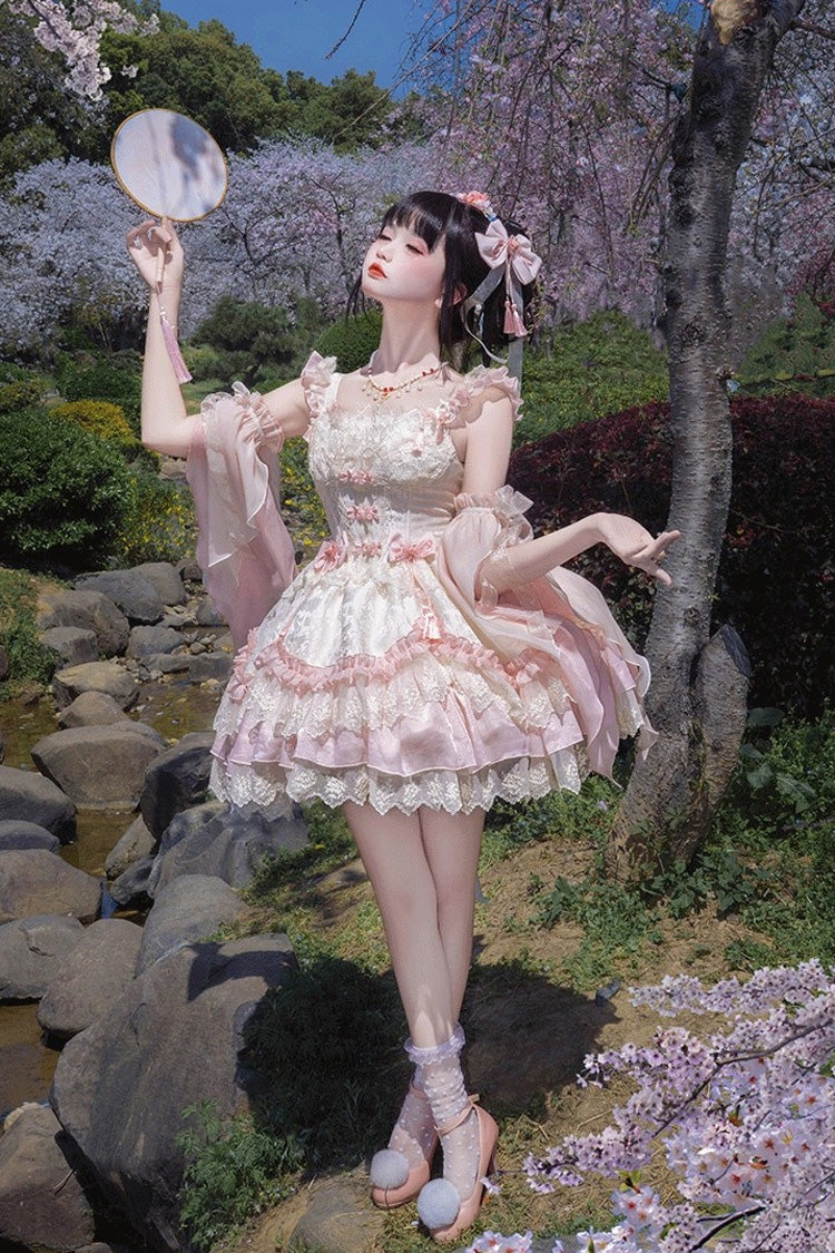Pink [Lyrics in the Midst of Flowers] Ruffle Embroidery Bowknot Chinese Style Elegant Sweet Lolita Jsk Dress - Product - 5