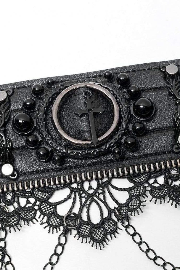 Black Leather Metal Rivets Lace Women's Gothic Chocker - Product - 7