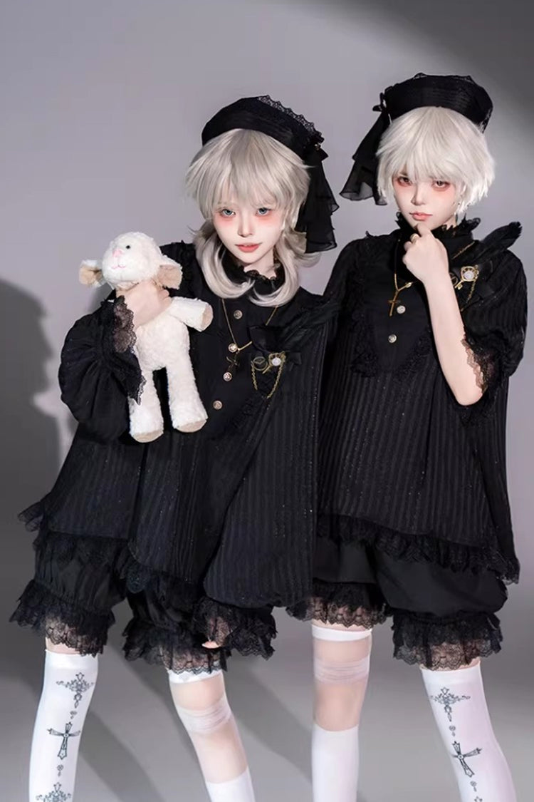 Black Stand Collar Long Short Sleeves Printed Ruffled Lace Gothic Ouji Lolita Set 2 Versions - Product - 4