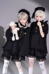 Black Stand Collar Long Short Sleeves Printed Ruffled Lace Gothic Ouji Lolita Set 2 Versions - Product - 4