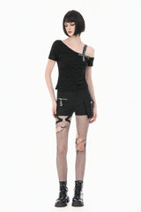 Black Off Shoulder Short Sleeves Studded Cross Straps Asymmetric Women's Punk Top - Product - 7
