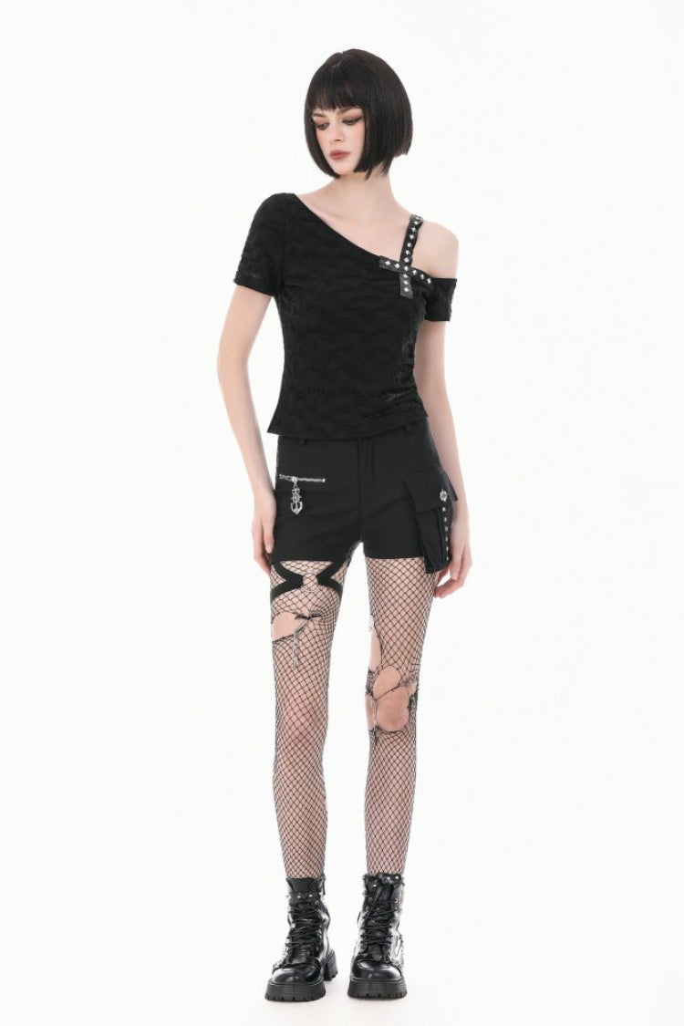Black Off Shoulder Short Sleeves Studded Cross Straps Asymmetric Women's Punk Top - Product - 7