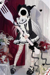White/Black Long Sleeves Multi-layer Cross Print Nun Style Ruffle Gothic Lolita Dress - White/Black - 1