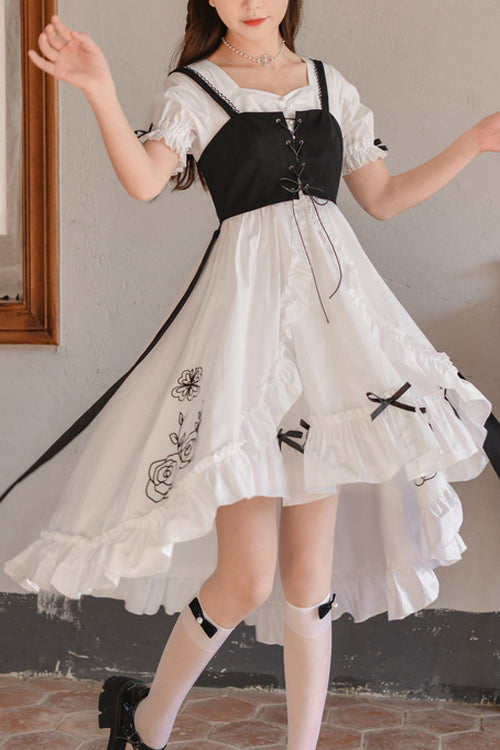 White Square Collar Short Sleeves Floral Embroidery High Waisted Cardigan Sweet Lolita OP Dress - White - 1
