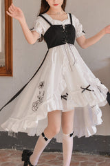 White Square Collar Short Sleeves Floral Embroidery High Waisted Cardigan Sweet Lolita OP Dress - White - 1