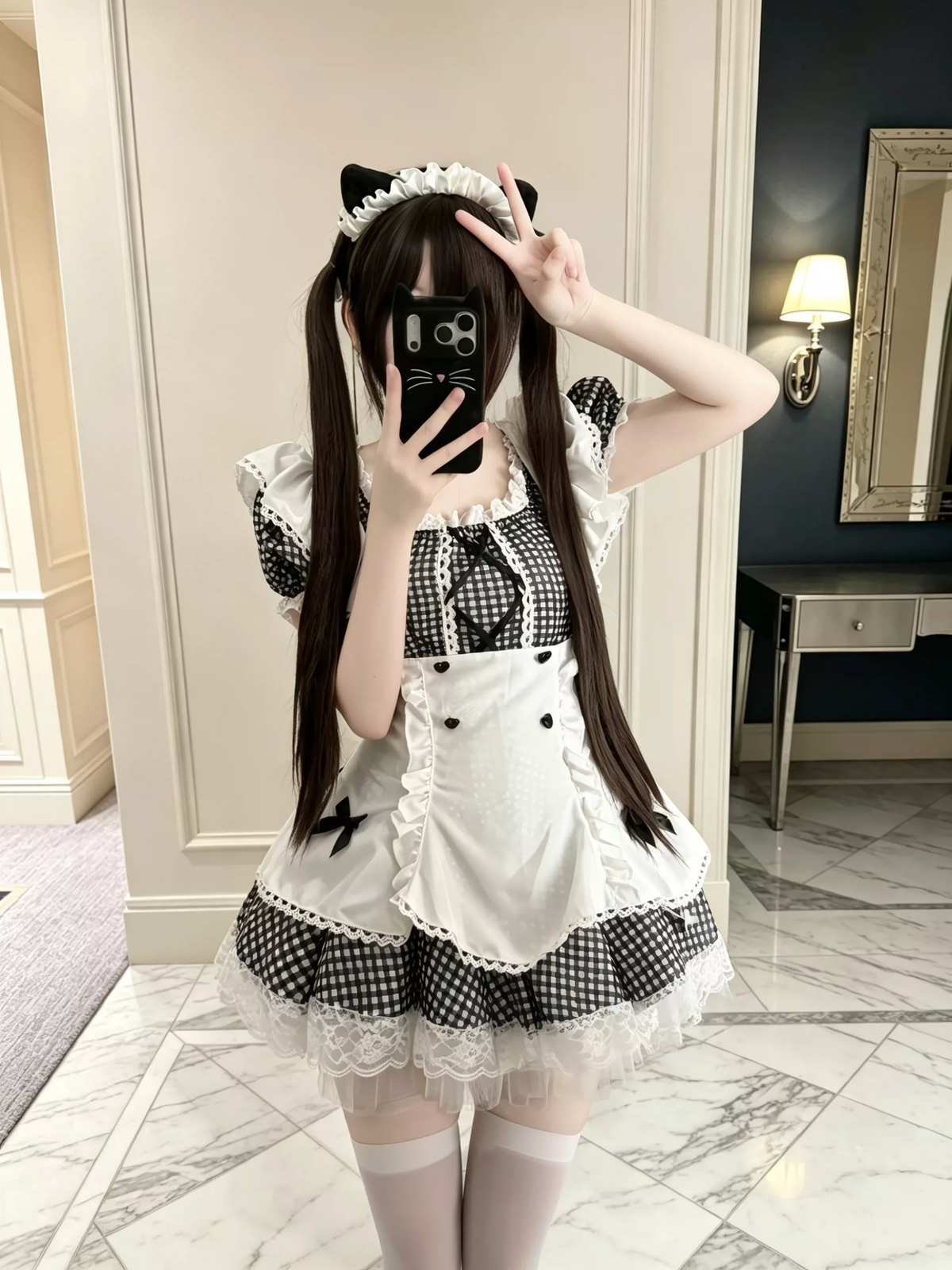 Black and White Plaid Ruffled Maid Lolita Dress with Apron Bow Accent - view 5