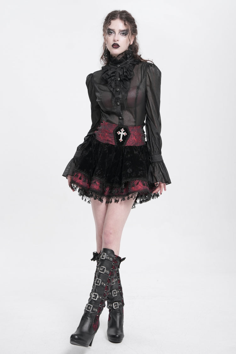 Black/Red Cross Tassel Print Women's Gothic Skirt - Product - 9