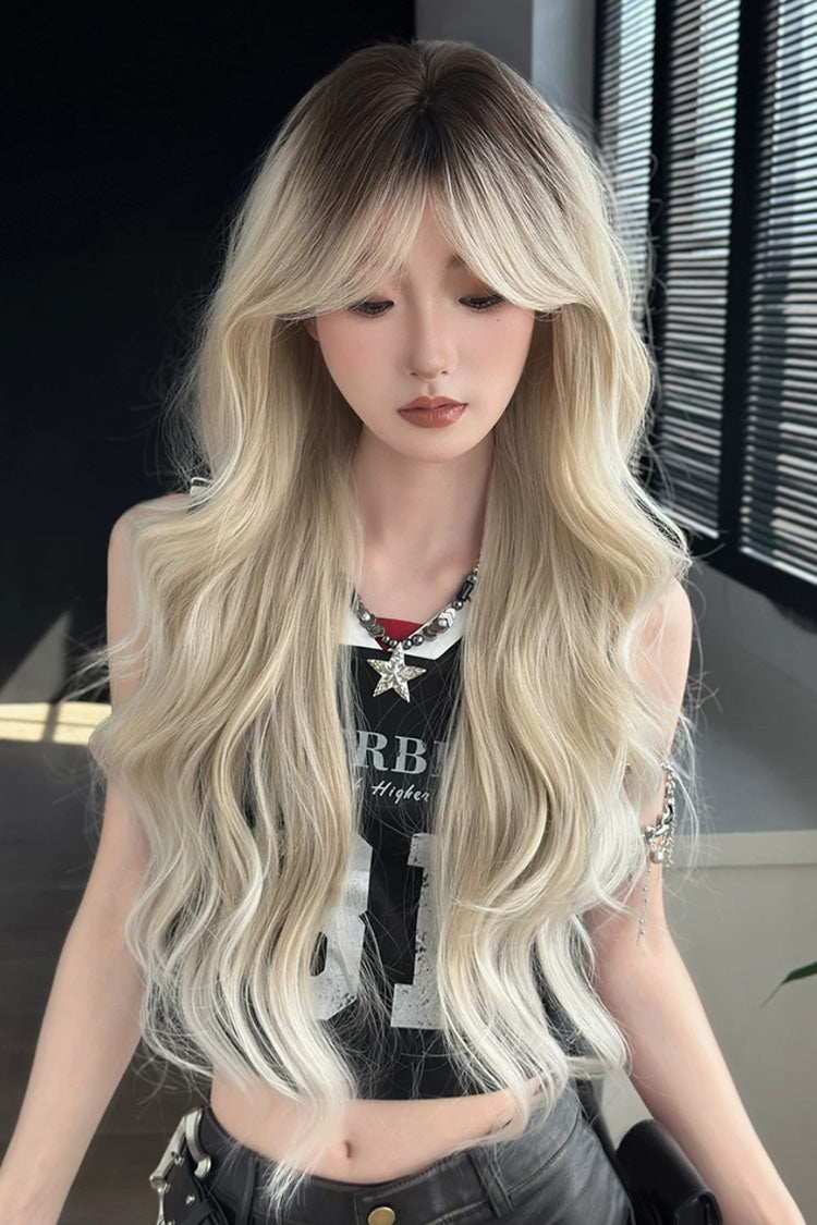 Black/Gold Ombre Sweet Lolita Natural Fluffy Long Big Wavy Wig with Curtain Bangs - Product - 5