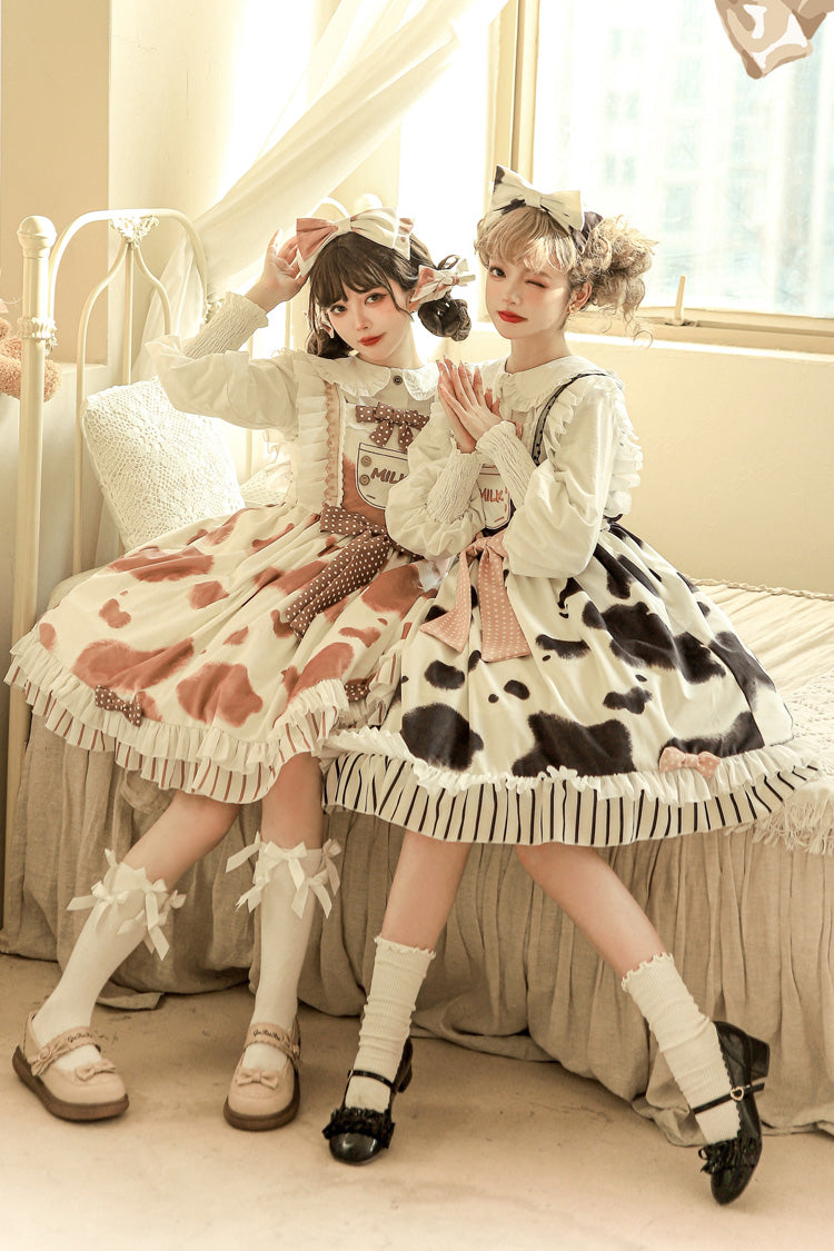 Milk Cow Print Ruffle Bowknot Sweet Lolita Jsk Dress 5 Colors - Product - 10