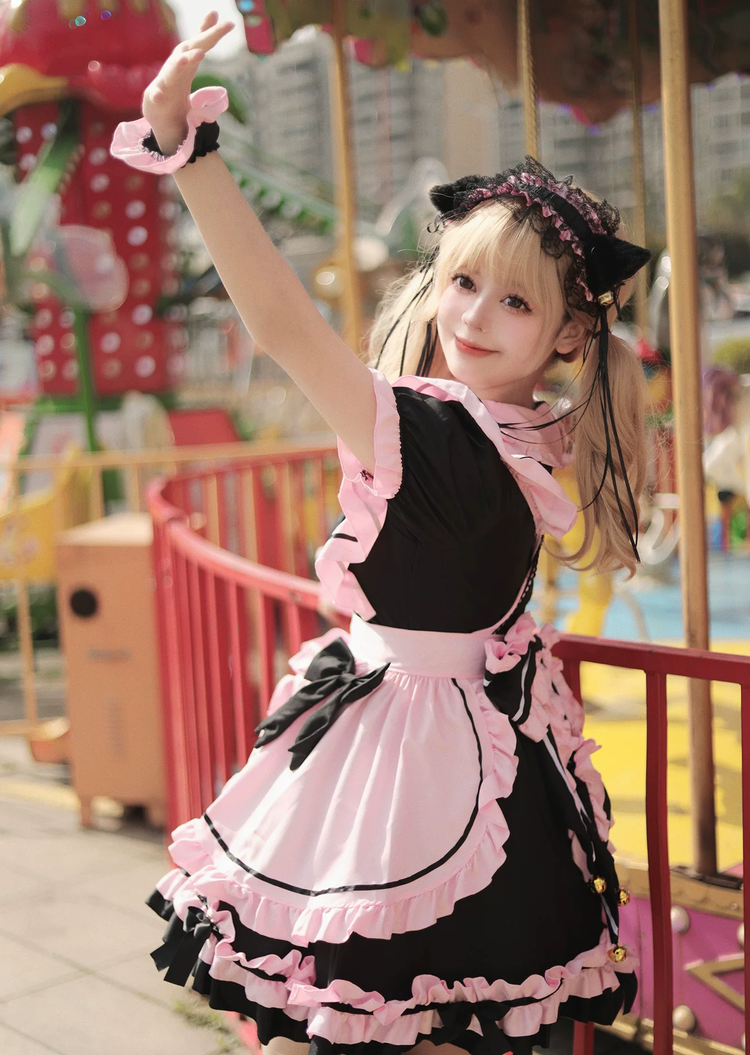 Black and Pink Ruffled Maid Style Dress with Headpiece Accent - view 5