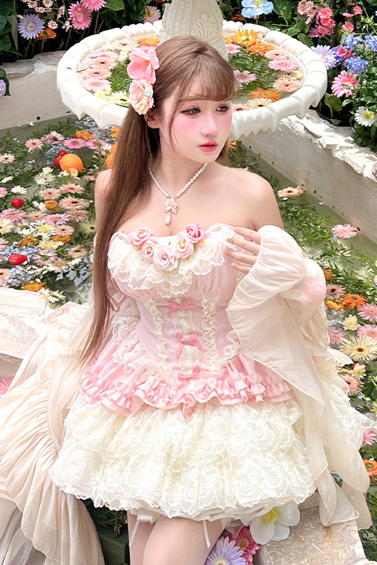 Pink [Pure Dream Flower Love] Multi-Layered Ruffle Embroidery Bowknot Lace Sweet Lolita Jsk Dress - Product - 13