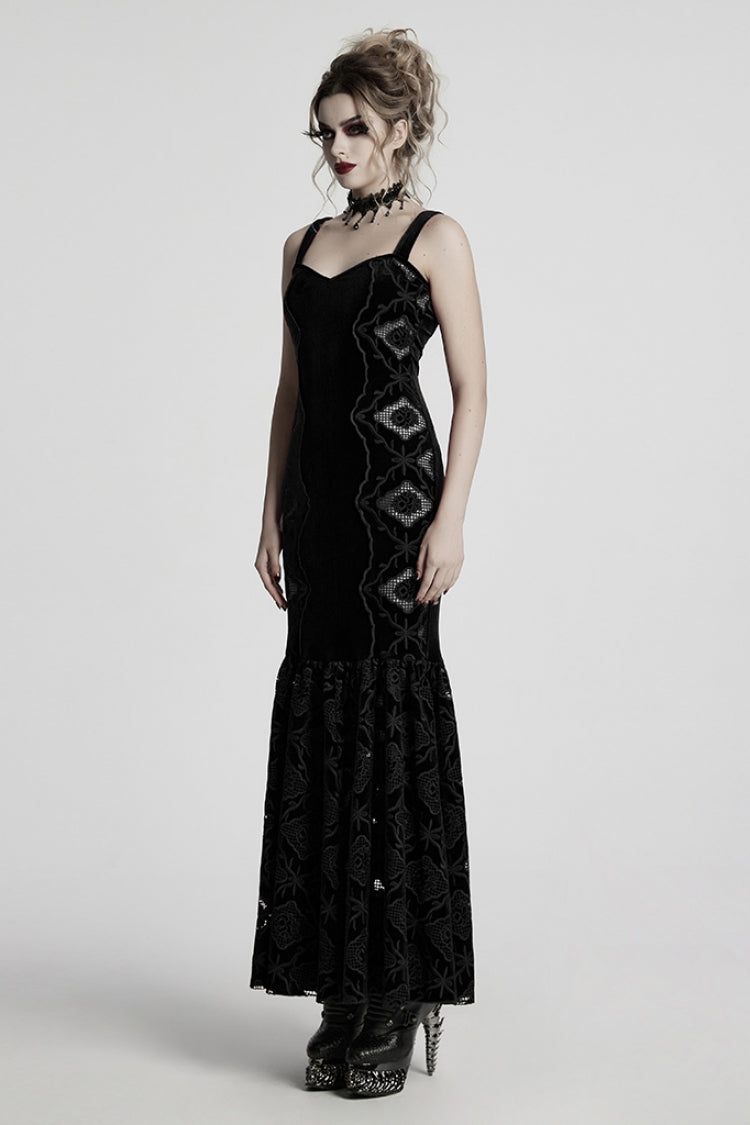 Black Sleeveless Floral Embroidery Women's Gothic Fishtail Slip Dress - Product - 2