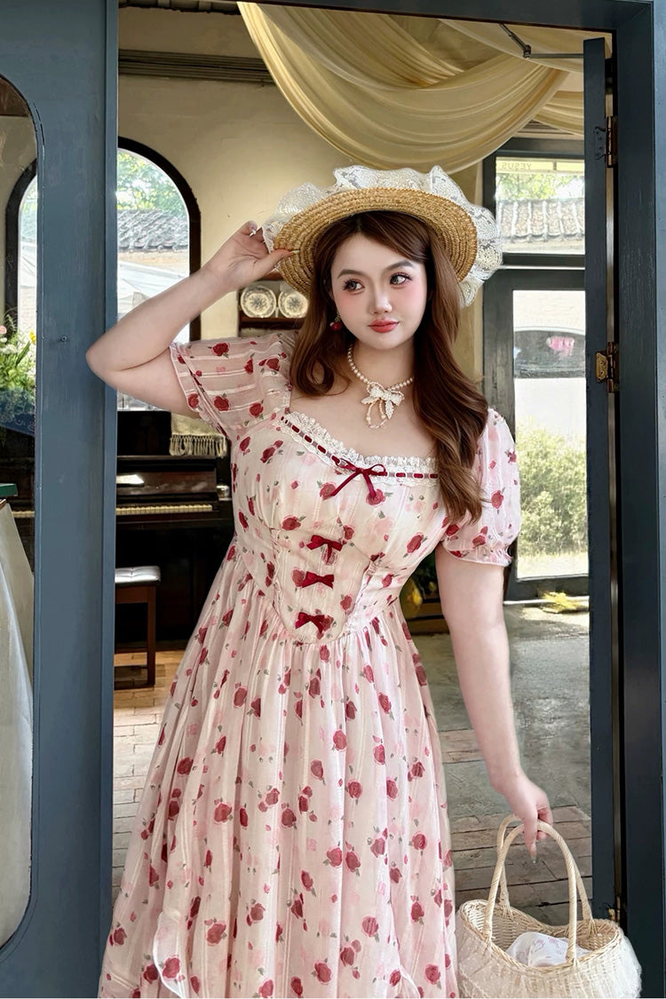 Pink Square Collar Short Sleeves High Waisted Rose Printed Ruffled Sweet Plus Size Lolita Dress - Pink - 1