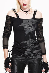 Black Skull Print Long Sleeves Drawstring Halter Cotton Women Punk T-Shirt - Black - 1