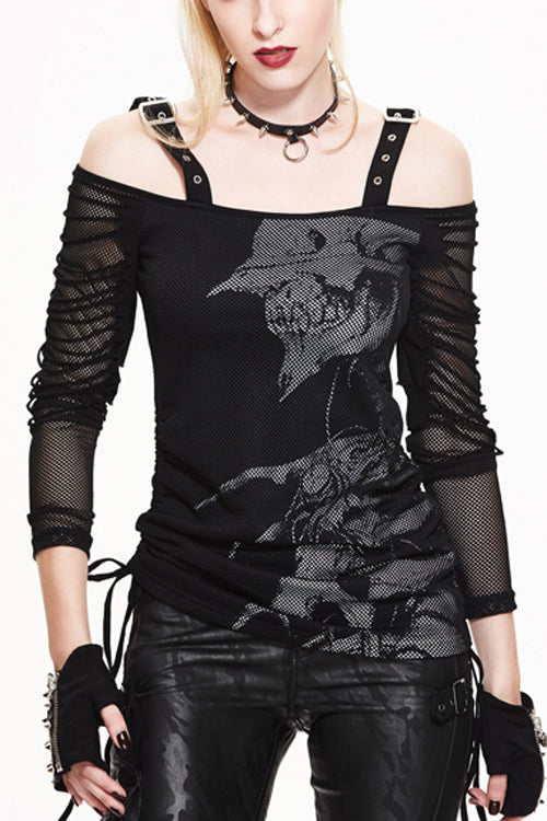 Black Skull Print Long Sleeves Drawstring Halter Cotton Women Punk T-Shirt - Black - 1