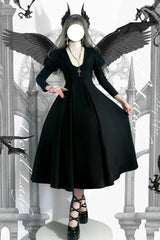 Black Nun Long Puff Sleeves High Waisted Gothic Plus Size Lolita Dress - Black - 1
