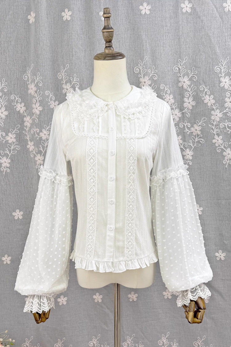 [Candy Stick] Doll Collar Long Lantern Sleeves Ruffled Lace Sweet Elegant Lolita Blouse 4 Colors - White - 1