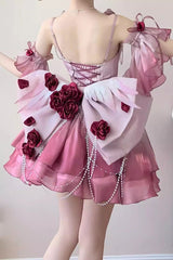 Plum Red [Swan Wonderland] Embroidery Bowknot Lace-Up Sweet Ballet Lolita Jsk Dress Short Version - Product - 4