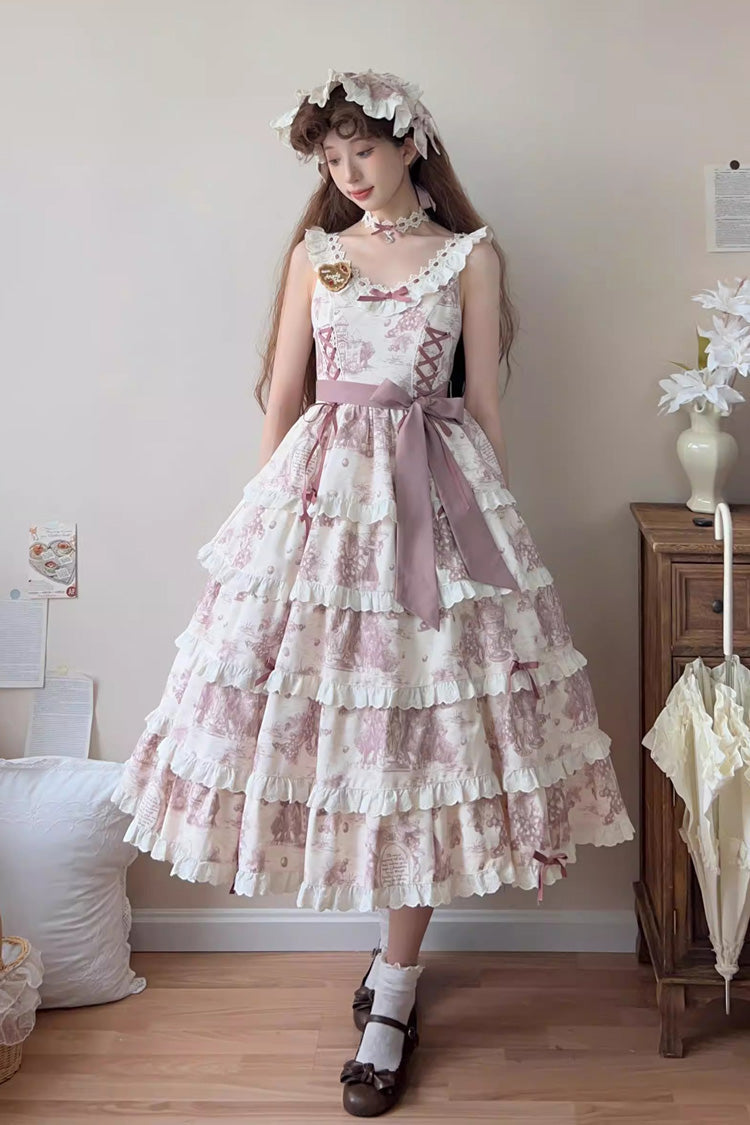 Smoky Purple [Grape Moon Almanac] Sleeveless Multi-Layered Printed Ruffled Bow Adjustable-Length Sweet Lolita Jsk Dress - Smoky-Purple - 1