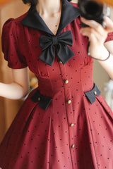Red [Forest Boulotty] Lapel Collar Short Sleeves Heart-Shaped Polka Dot Printed Bow Sweet Lolita Dress - Product - 2
