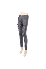 Black/Bronze Metal Zipper Decoration Metal Buckle Leather Leg Loop Leather Women's Punk Pants - Product - 7