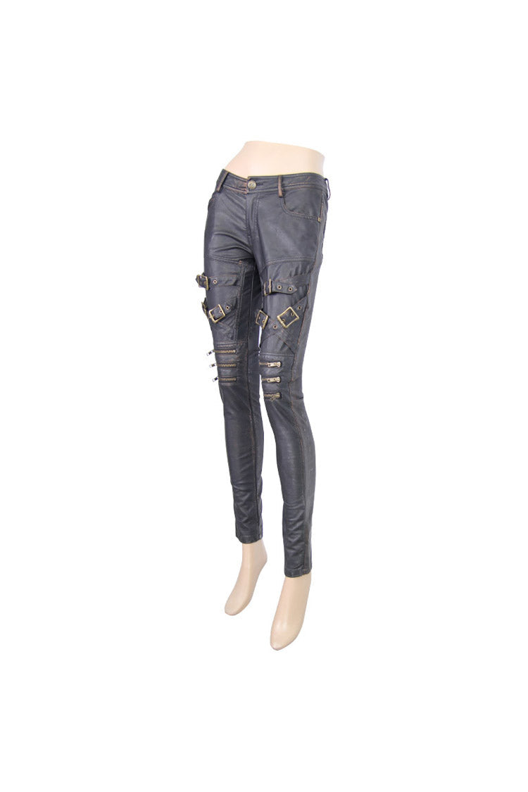 Black/Bronze Metal Zipper Decoration Metal Buckle Leather Leg Loop Leather Women's Punk Pants - Product - 7