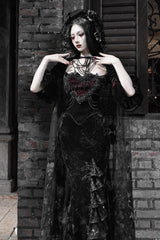 Black [Castle of Dark Romance] Square Collar Short Sleeves Multi-Layered Ruffled Embroidered Open-Front Lace Gothic Lolita Mermaid Dress - Product - 5