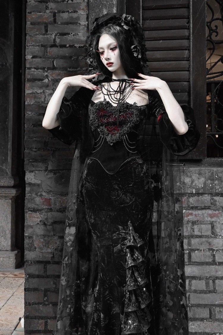 Black [Castle of Dark Romance] Square Collar Short Sleeves Multi-Layered Ruffled Embroidered Open-Front Lace Gothic Lolita Mermaid Dress - Product - 5
